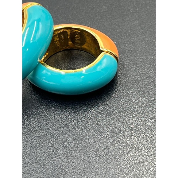 KJL Vintage KJL Signed Blue Orange Enamel Huggie Hoop Earrings snap on versatile - Picture 8 of 11